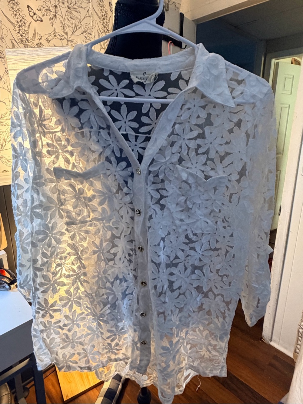 White Floral Lace Button-Front Shirt - Sheer Women’s Top